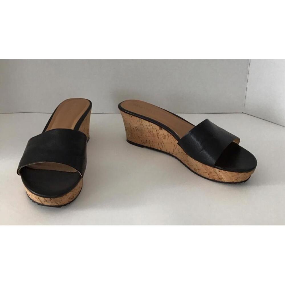Nine West Black Leather Cork Wedge Slide on Sandal Woman’s Size 9.5 - Picture 4 of 9